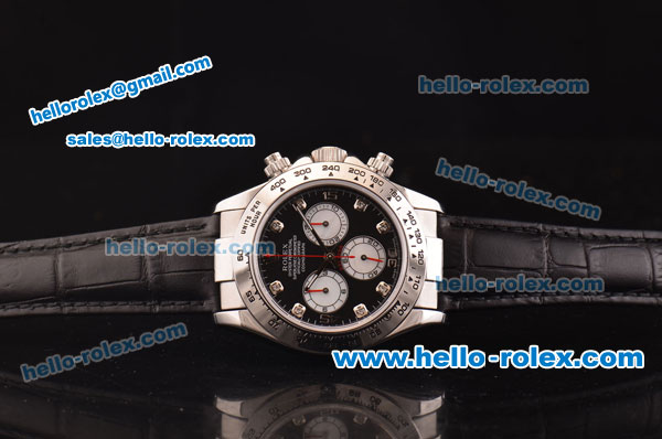 Rolex Daytona Swiss Valjoux 7750-SHG Automatic Steel Case with Black Dial and Black Leather Strap - Click Image to Close